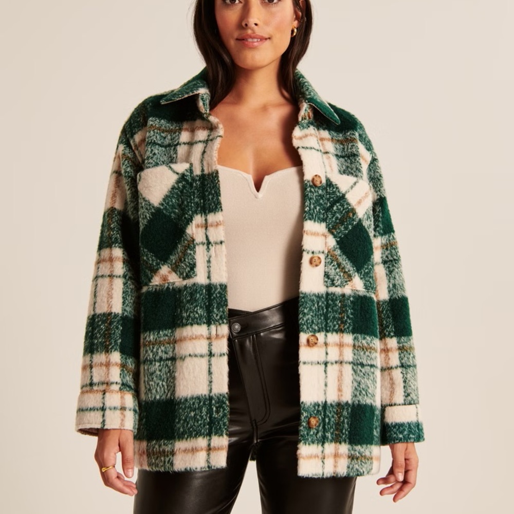 Abercrombie & Fitch Forest Green and Cream Checkered Teddy Jacket